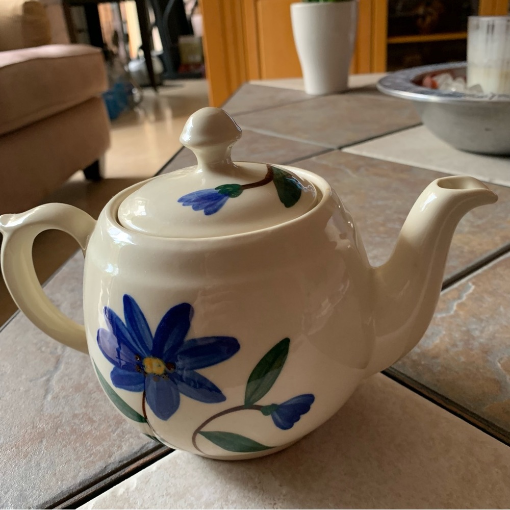 TEAPOT. Floral Painted Pot. 6 inches tall, 7 inches wide from handle to spout.